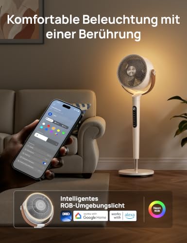 DREO 20dB leiser Smart Standventilatorr für Schlafzimmer mit RGB-LED, 150°+120° Oszillation, 30m Luftumwälzgebläse und 2209m³/h Luftvolume, 12 Geschwindigkeiten, 6 Modi, 94-107cm Höhe, WLAN & Alexa
