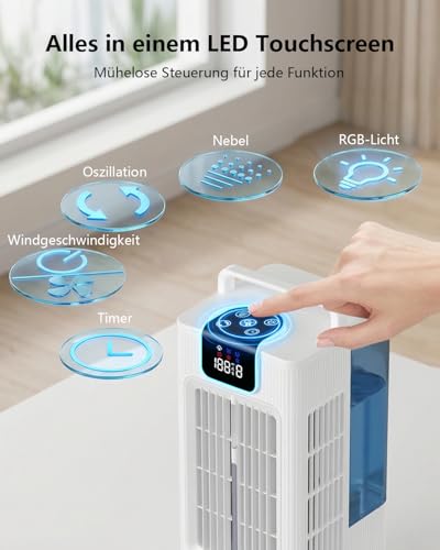 Aiorber Mobil Klimaanlage Mini Luftkühler: Ventilator mit Wasserkühlung 2000ml Wassertank-120°Oszillation, 4 Windstufen, LED, Timer-Fernbedienung Klimagerät ohne Abluftschlauch für Zuhause&Büro