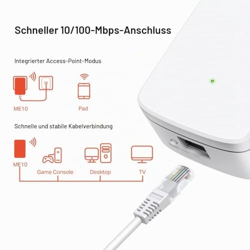 Mercusys ME10 WLAN Verstärker Repeater(Single-Band 300 Mbit/s, App Steuerung, Ethernet-Port, WPS, AP Modus, LED abschaltbar, kompatibel zu Allen WLAN Geräten)