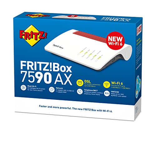 FRITZ!Box 7590 AX International (DSL/VDSL WLAN Router mit Wi-Fi 6, 2.400 MBit/s (5GHz) & 1.200 MBit/s (2,4 GHz),VDSL-Supervectoring 35b, Mesh,DECT-Basis,geeignet für Österreich/Schweiz)
