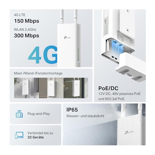 TP-Link TL-MR110-Outdoor 4G LTE Router, WLAN Router SIM Karte, 4G Cat 4 bis zu 150 Mbit/s, 2,4 GHz WLAN bis 300 Mbit/s, PoE/DC-Stromversorgung, IP65, Betriebstemperatur -30℃ bis +60℃