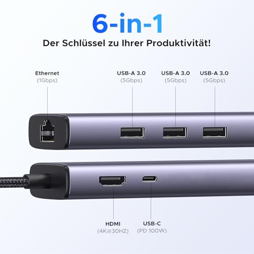 UGREEN USB C Hub Ethernet, Docking Station 4K HDMI, PD100W, 3*USB A 3.0 | Revodok 1061 USB C Dock kompatibel mit iPhone 17/16, MacBook Pro M4, Mac mini M4, iPad, Surface, Galaxy S24, Steam Deck
