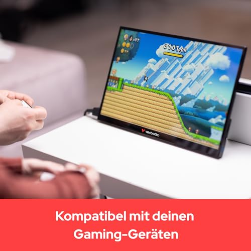 Verbatim 49590 Tragbarer Monitor 14", 1920x1080 Full HD LCD, Schwarz, PM-14 | Tragbarer Monitor mit Aluminiumgehäuse, USB-C und HDMI für Laptop, MacBook, PC, Konsole und mobiles Arbeiten