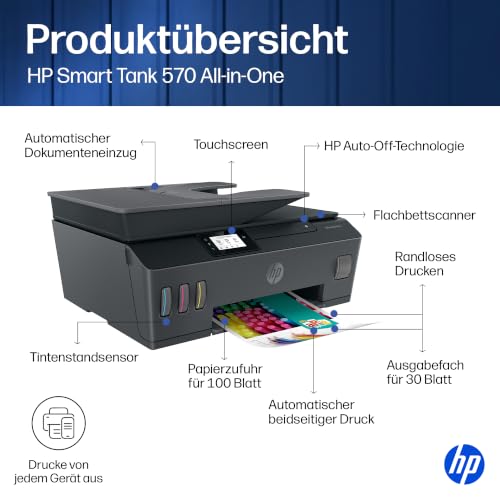HP Smart Tank Plus 570 3-in-1 Multifunktionsdrucker (WLAN; ADF; Touchscreen) – 3 Jahre Tinte inklusive, 3 Jahre Garantie, großer Tintentank, hohe Reichweite, Drucken in hoher Qualität