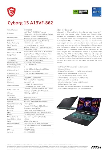 MSI Katana 15 Gaming Laptop, 15,6" Full HD 144Hz, Intel Core i7-13620H, NVIDIA GeForce RTX 4070, 16GB DDR5, 512GB SSD, Windows 11 Home, QWERTZ Tastatur, B13VGK-1860, Schwarz