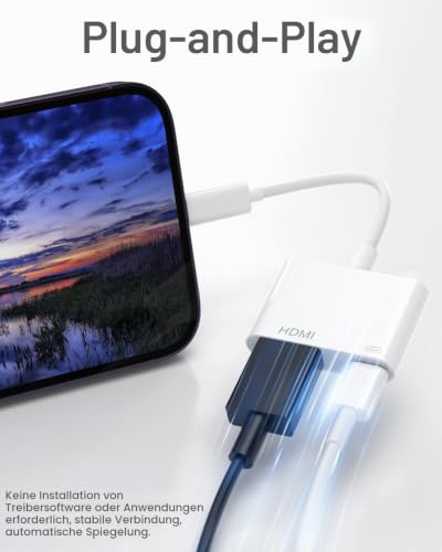 HDMI Adapter für iPhone [MFi Zertifiziert] 1080P Digital AV Bildschirm Konverter für iPhone/iPad, Plug & Play, Video & Audio Sync Kompatibel mit TV/HDTV/Monitor/Projektor kein Netzteil erforderlich