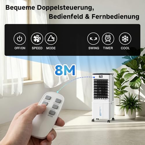 Klimaanlage Mobil 10L, 60W Klimagerät ohne Abluftschlauch 4-in-1, Klimaanlage mit 12H Timer, 4 Modus, 120°Oszillation, Abnehmbare Wassertank, Klimageräte Tragbarer Luftkühler für Wohnung Zimmer Räume