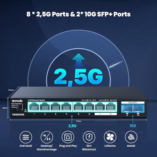 Tenda 2.5 Gbit Switch mit 8X 2.5G Ports & 2X 10G SFP+, Unmanaged LAN Switch | VLAN, Statische Aggregation, Plug & Play Netzwerk Switch für 2.5G NAS/Gaming-PC/AP, Wandmontage, Lüfterlos, Metallgehäuse