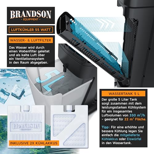 Brandson Luftkühler Wasserkühlung, Turmventilator, Fernbedienung, Schwarz | Verdunstungskühler ohne Abluftschlauch, 5 L Wassertank, 2 Kühlakkus, 330 m³/h, 60° Oszillation, 3 Stufen, Timer, Autostopp