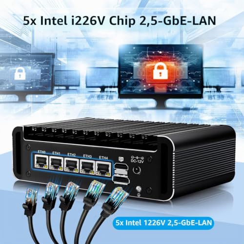 Glovary Firewall Mini PC J6413 4 Core, 5 x i226V 2.5GbE LAN OPNsense Router Micro Appliance, Barebone, AES-NI, Fanless Industrial Computer Hardware, 2 x DDR4, 2 x RS232 COM, 2 x SATA3.0, 3 Display