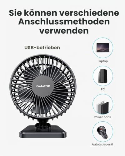 Gaiatop USB-Schreibtischventilator, klein, aber leistungsstark, tragbar, leise, 3 Geschwindigkeiten, Mini-Ventilator für bessere Kühlung, Home Office Auto Indoor Outdoor (schwarz)