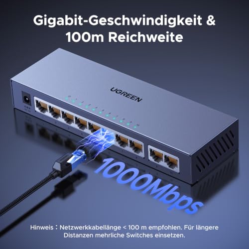 UGREEN 10-Port Gigabit LAN Switch Unmanaged, Metallgehäuse, Plug & Play