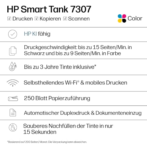 HP Smart Tank 7307 3-in-1 Multifunktionsdrucker (WLAN; Duplex; ADF) – 3 Jahre Tinte inklusive, 3 Jahre Garantie, großer Tintentank, hohe Reichweite, Drucken in hoher Qualität