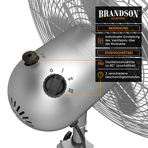 Brandson Standventilator mit Dreibeinstativ, 60 W, Rotor 45 cm, Silber | Tripod aus Metall, 3 Stufen, Oszillation 80°, Höhe 122 bis 136 cm, für Fotoshooting, Filmset, Bühne, Büro