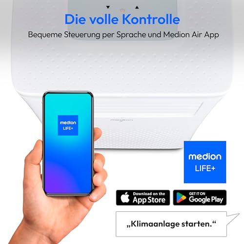 MEDION Smarte Mobile Klimaanlage mit Abluftschlauch P1002 (10000 BTU, mobil, inkl. Fensterabdichtung, bis 34m², 3in1 Kühlen Entfeuchten Ventilieren, App- und Sprachsteuerung, Schlafmodus, MD 37733)