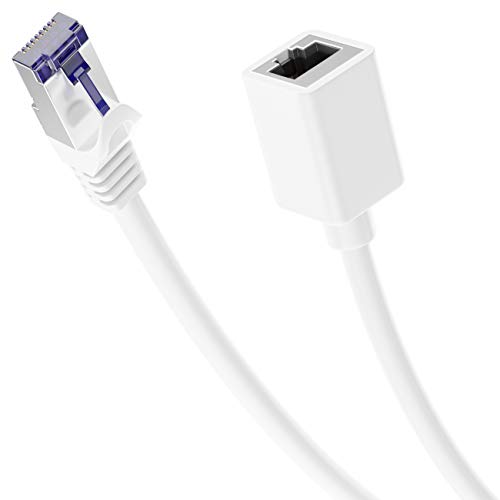 deleyCON 1m CAT7 Patchkabel Verlängerung RJ45 S/FTP 600 MHz - Weiß | CAT 7 Rohkabel, RJ45 Stecker auf RJ45 Buchse, Ethernet LAN Netzwerkkabel, Kupfer, PiMF