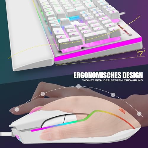 RedThunder K10 Gaming Tastatur und Maus Set, QWERTZ DE-Layout, Metallplatte und Handballenauflager，RGB-Hintergrundbeleuchtung - und 7D mit Ergonomische - für PC Mac Gamer(Weiß)