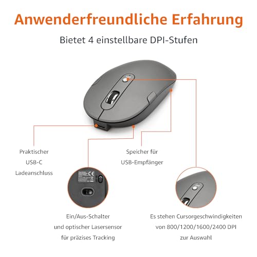 Amazon Basics Tastatur und Maus, kabellos, aufladbar, ultradünn, leiser Anschlag, mit Nummernblock, (dt. Layout nicht garantiert), schwarz