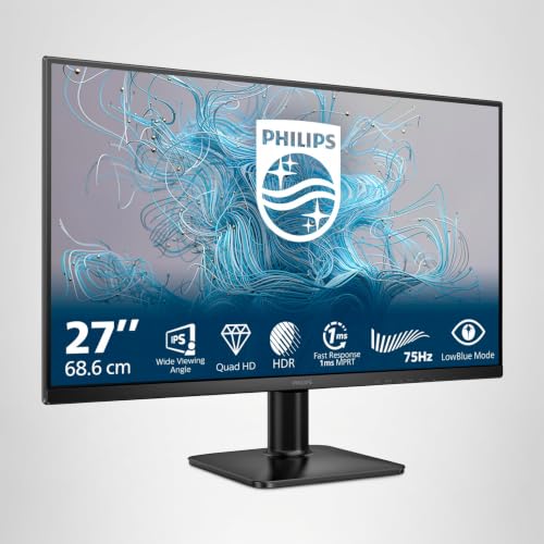 PHILIPS 27E2N1500L 27 Zoll QHD Monitor, 75Hz, IPS, 1ms MPRT Adaptive Sync HDR10 Höhenverstellung (2560x1440,HDMI 1x1.4,DP 1x 1.4) Schwarz