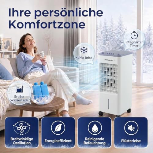 Klimagerät ohne abluftschlauch | 4 L Top Fill Wassertank | Luftkühler mit Kühlakkus - 3 Geschwindigkeiten | Mobiles Klimagerät mit Oszillation | ohne Fernbedienung