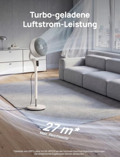 DREO Leiser Standventilator für Schlafzimmer [Verbessert], 27m Luftstrom, Leise, 90° Oszillierend, DC-Motor, 8 Geschwindigkeiten, 3 Modi, 96–106cm Höhenverstellbar, 8H Timer, 105° Manuell Neigbar