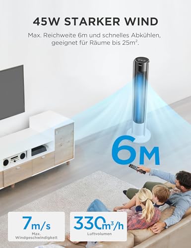 Midea FZ10-19BRA Turmventilator, robuster Kupfermotor, Luftzufuhr nach innen, Fernbedienung, 7-Stunden-Timer, Touch- und Bedienfeld-Display, drei Modi und drei Geschwindigkeiten zur Auswahl