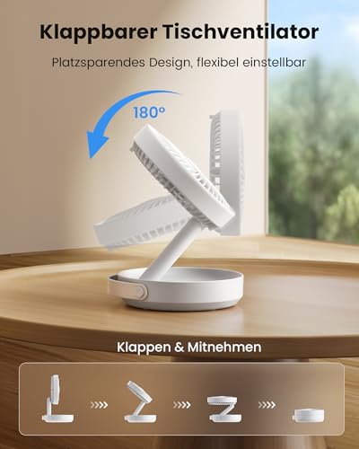 Gaiatop Faltbare Tischventilator mit Nachtlicht, 6000mAh Akku Ventilator