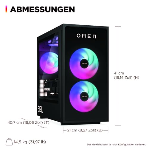 HP Omen GT16-0278ng 35L Gaming Desktop PC, AMD Ryzen 7 8700F, 32 GB DDR5-SDRAM, 2 TB SSD, NVIDIA GeForce RTX 5070 Ti, Tower PC, Windows 11 Home, Schwarzes Metall mit Glas Blende
