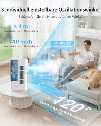 Aiorber Mobil Klimaanlage Mini Luftkühler: Ventilator mit Wasserkühlung 2000ml Wassertank-120°Oszillation, 4 Windstufen, LED, Timer-Fernbedienung Klimagerät ohne Abluftschlauch für Zuhause&Büro