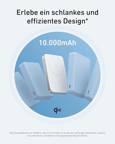 Anker MagGo flache magnetische Powerbank 10000mAh Qi2 15W | Tragbar, MagSafe-kompatibel, ergonomisches Design, für iPhone 15/16/17 Serie, AirPods und mehr