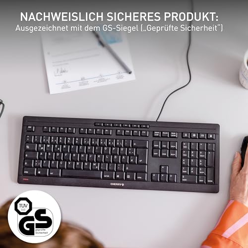 CHERRY Stream Keyboard, Kabelgebundene Tastatur, Deutsch QWERTZ, Weiß-Grau | Fullsize-Keyboard mit Nummernblock, für PC/Computer, Leiser Tastenanschlag, Flaches Design, USB-A Anschluss, 10 Zusatztasten