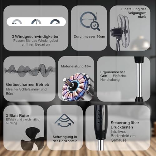 EXTRALINK Standventilator 40 cm – Leiser Bodenventilator 3 Geschwindigkeiten, Oszillation, Neigungsverstellung & 3 Rotorblättern – Kompakter Ventilator für Schlafzimmer, Büro & Zuhause – 45W Schwarz