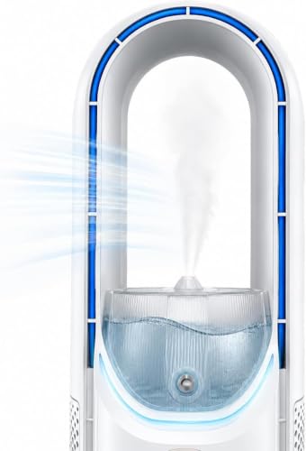 Blattloser Tischventilator, 6 Stufen Windgeschwindigkeit, USB Turmventilator mit Luftbefeuchter Timer LED Licht, Leiser Rotorloser Ventilator Touch Bedienung, für Schlafzimmer Büro Home Office