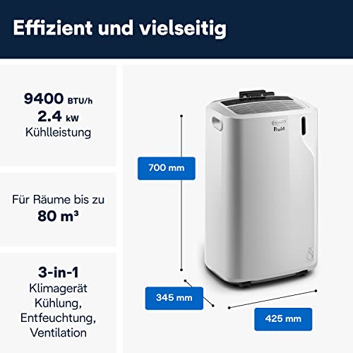 De'Longhi Pinguino - 3-in-1 Mobiles Klimagerät, für Räume bis 27 m², mit Luftentfeuchter & Ventilator, 9400 BTU, Leiser Betrieb, Fernbedienung, 24h-Timer, Energieeffizienzklasse A (PACEM82)