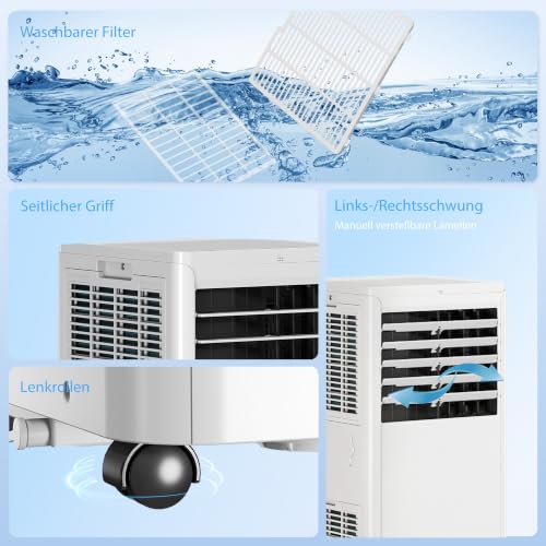 HOMCOM Mobiles Klimagerät mit Abluftschlauch 9000 BTU 1010W, 4-in-1 | Kühlen, Ventilieren, 36L/Tag Entfeuchten, Schlafmodus, 24h-Timer, Fernbedienung, Fensterkit, für Räume bis 30㎡