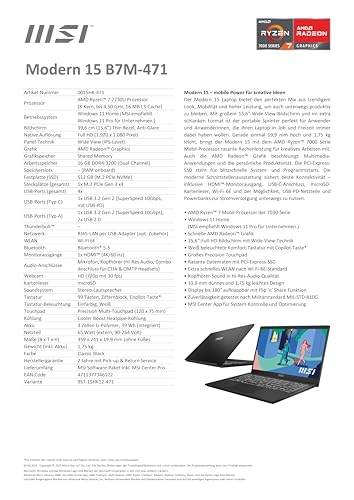 MSI Modern 15 Lifestyle & Business Laptop, 15,6 Zoll Full HD Display, AMD Ryzen 7 7730U Prozessor, 16 GB DDR4 RAM, 512GB SSD, AMD Radeon Graphics, Windows 11 Home, Schwarz, B7M-471