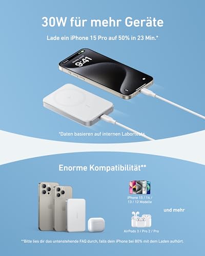 Anker MagGo flache magnetische Powerbank 10000mAh Qi2 15W | Tragbar, MagSafe-kompatibel, ergonomisches Design, für iPhone 15/16/17 Serie, AirPods und mehr