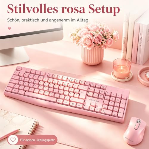 QWERTZ Kabelloses Tastatur Maus Set, Deutsch-Layout, Nummernblock – Rosa | Ein USB-Empfänger für beide Geräte, im Batteriefach der Maus; 1400-DPI-Maus, 12 Multimediatasten; Batterien nicht enthalten