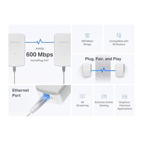 Mercusys MP300 KIT AV600 Powerline Adapter Set | WLAN 600 Mbit/s, Gigabit-Port, Plug & Play, Energiesparfunktion, kompatibel mit HomePlug AV/AV2