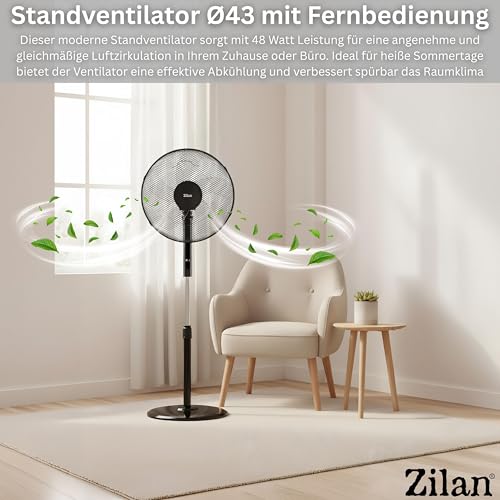 Zilan Standventilator Ø43cm leise mit Fernbedienung & Timer – 48W Leistungsstarker Ventilator energiesparend, 3 Stufen, 3 Modi, Oszillation, höhenverstellbar – für Schlafzimmer, Büro & Wohnzimmer