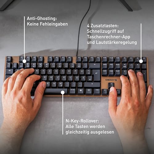 CHERRY KC 200 MX, Mechanische Tastatur, DE QWERTZ, MX2A Silent RED, Schwarz | Kabelgebunden (USB-A Anschluss), Eloxierte Metallplatte, Gelaserte Abriebfeste Keycaps, Full-Key-Rollover, für Office/Gaming