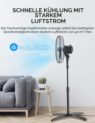 Midea FS40-25MSE(BL) Standventilator, 40 cm, Motor aus Kupfer, 3 Geschwindigkeiten, Oszillation 90°, Höhe verstellbar 96–125 cm, Luftstrom 40 m³/min