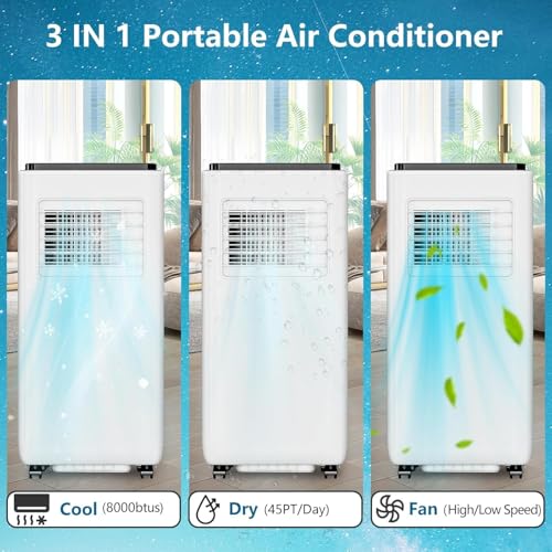 Tragbare Klimageräte 8000 BTU, Energieeffiziente AC-Einheit mit Fernbedienung, 24H Timer, Leiser Betrieb für Schlafzimmer, Büro, Schlafsaal bis zu 350 Sq.Ft, Weiß (8.000 BTU Black Top)