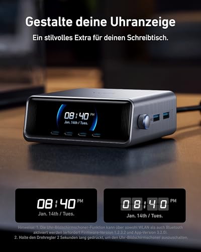 Anker Prime 250W USB C Ladegerät, Ultra-schnelle 6-Port GaN Ladestation | 2,26" LCD-Display, Smart Control Regler, für MacBook Pro/Air, iPhone 18/17/16/15, Pixel, Galaxy, Apple Watch und mehr