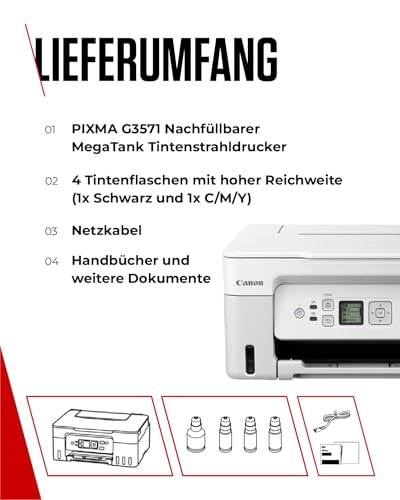 Canon PIXMA G3571 Tintenstrahldrucker mit Tintentank, kabelloses AirPrint | Fotodrucker A4 für randlose Fotos; nachfüllbare Tintentanks, 6.000 Seiten Schwarz; WiFi Direct, Mopria, Scannen, Kopieren