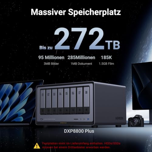 UGREEN NASync DXP8800 Plus 8 Bay NAS für Unternehmen und Profis (ohne HDD) | Intel Core i5-1235U, Dual 10GbE, 8GB DDR5 bis 64GB, Eingebaut 128 GB SSD, 2 x M.2 NVMe-Steckplatz, 2x Thunderbolt 4, 8K HDMI