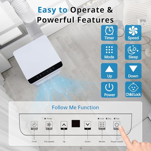7000 BTU Mobiles Klimagerät mit Abluftschlauch für 30–40 m², leiser 4-in-1 Raumkühler mit Entfeuchtung, Ventilation und Follow-Me, R290, 24h-Timer, Fernbedienung, Fenster-Set, Energieklasse A