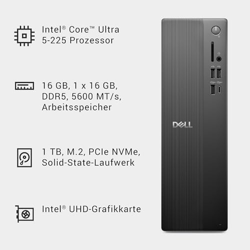 Dell Slim Desktop - Intel Core Ultra 5-225, 16GB DDR5 RAM, 1TB SSD | Intel UHD Grafik, Wi-Fi 6, Bluetooth 5.2, HDMI, USB-C, SD‑Kartenleser, Tastatur & Maus