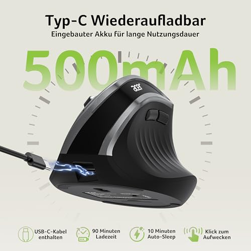 Acer 2.4G Ergonomische Maus, Vertikale Optische Maus Kabellos 1600 DPI, Wiederaufladbar Wireless Mouse, Funkmaus mit USB-A Empfänger für PC und Laptops, Kompatibel mit Windows, macOS, Linux usw.
