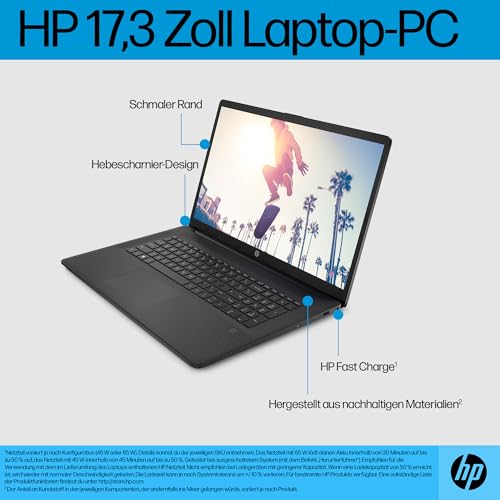 HP Laptop mit 17,3 Zoll FHD Display, AMD Ryzen 7 7730U, 16 GB DDR4 RAM, 512 GB SSD, AMD Radeon-Grafik, Windows 11, QWERTZ Tastatur, Schwarz